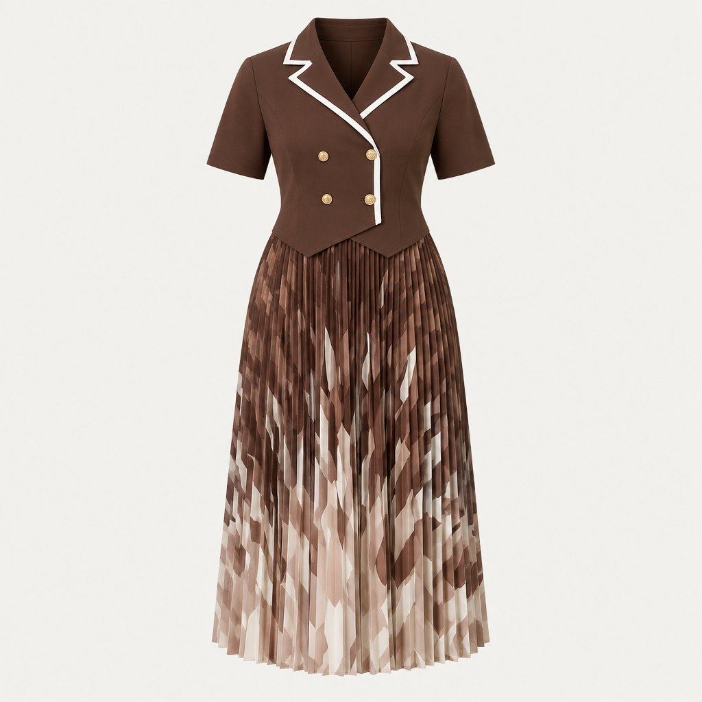 Ghost mannequin view of a brown contrast-trim gown with a pleated geometric-print skirt