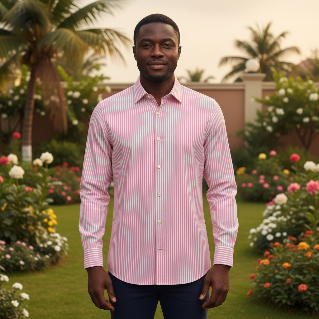 Nigerian male model wearing Pink Stripe Long Sleeve Shirt front view