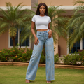 Women's Light Blue Rhinestone Dandelion Wide-Leg Jeans - Model Shot