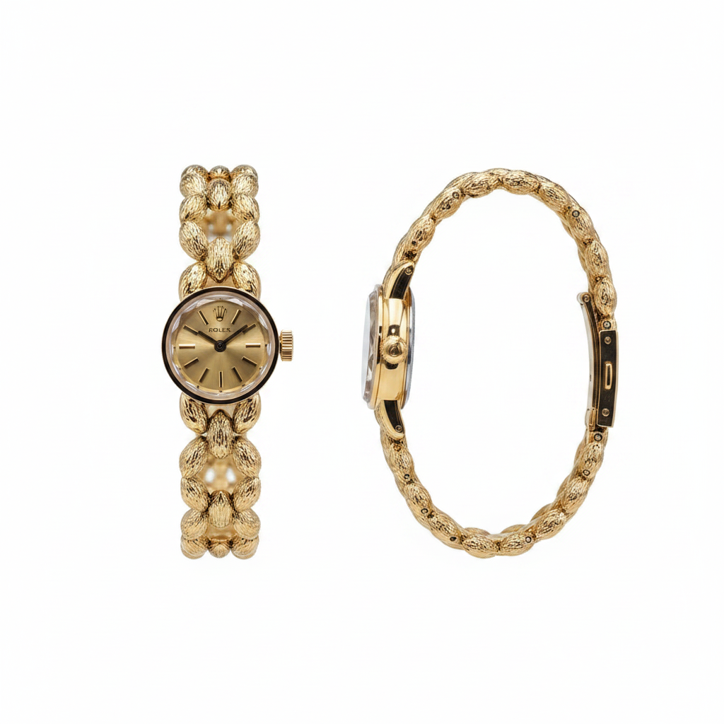 Women's gold chain bracelet champagne dial wristwatch — ghost mannequin front and side view