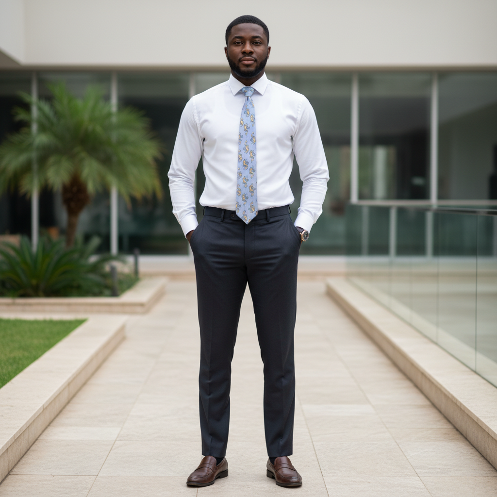 Nigerian male model wearing powder blue golden dragon print woven necktie with white shirt