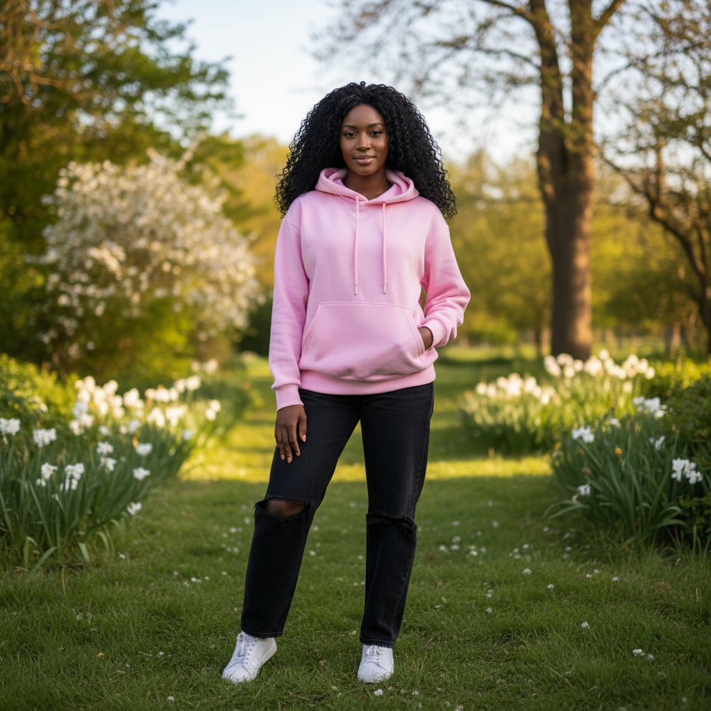 Nigerian model wearing Baby Pink Oversized Pullover Hoodie with scenic background