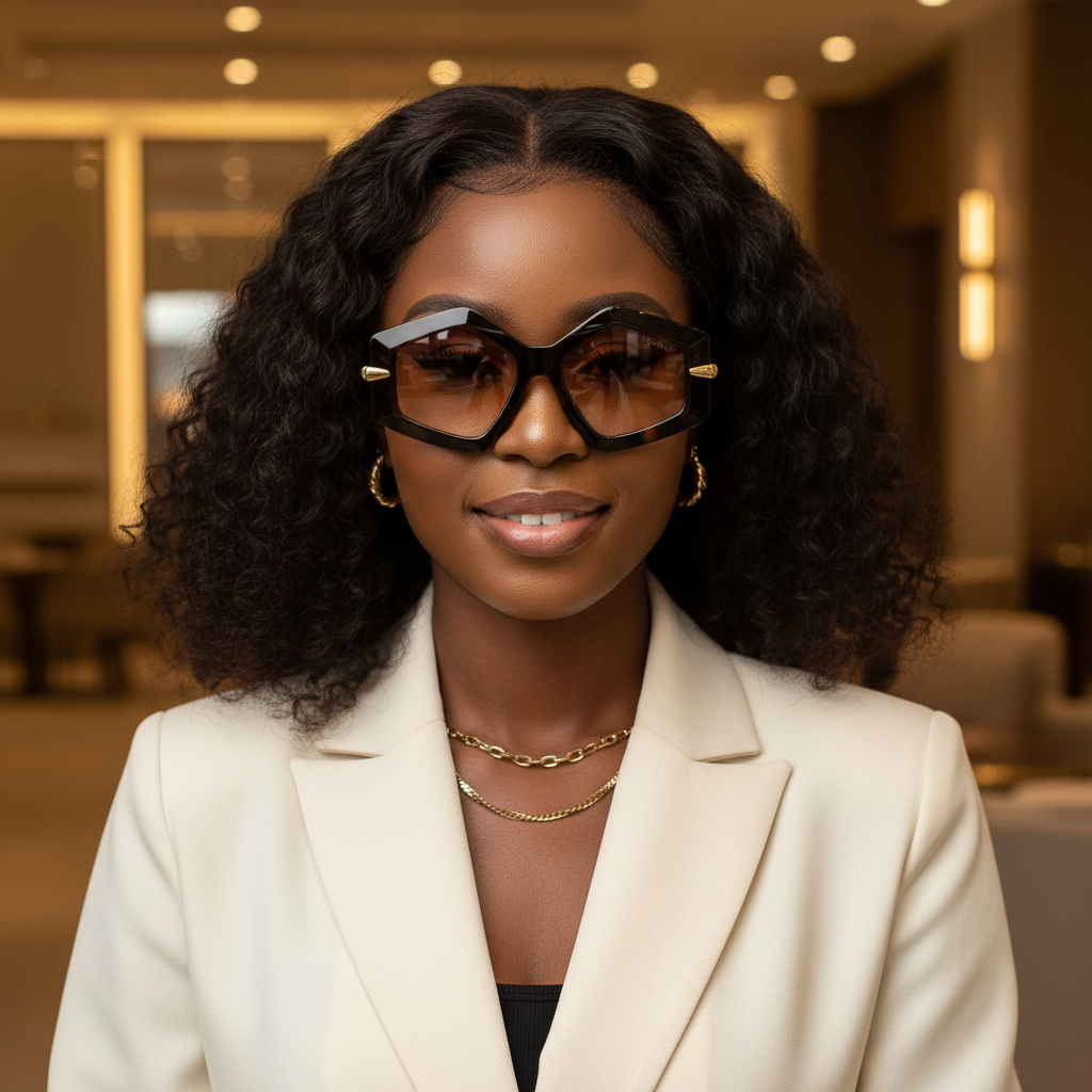 Geometric Hexagonal Sunglasses Tortoiseshell – Female Model Shot