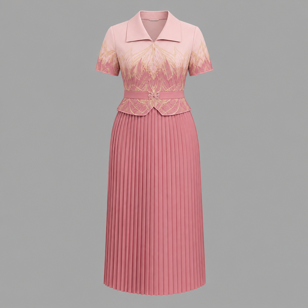 Pink pleated gown on ghost mannequin