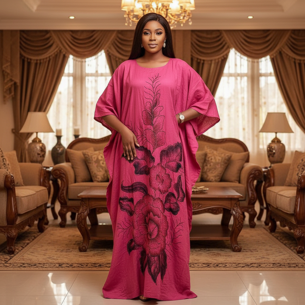Model shot – Bose Ventures Fuchsia Rose Embroidered Boubou Kaftan