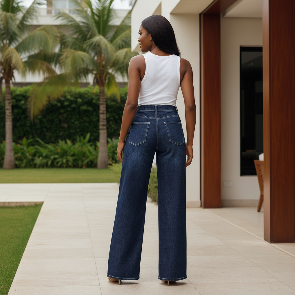 Dark Blue Wide-Leg Contrast Stitch Jeans - Back Model