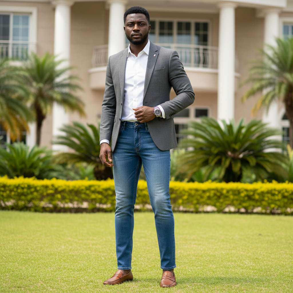 Nigerian male model wearing men's clean wash slim jeans - front view