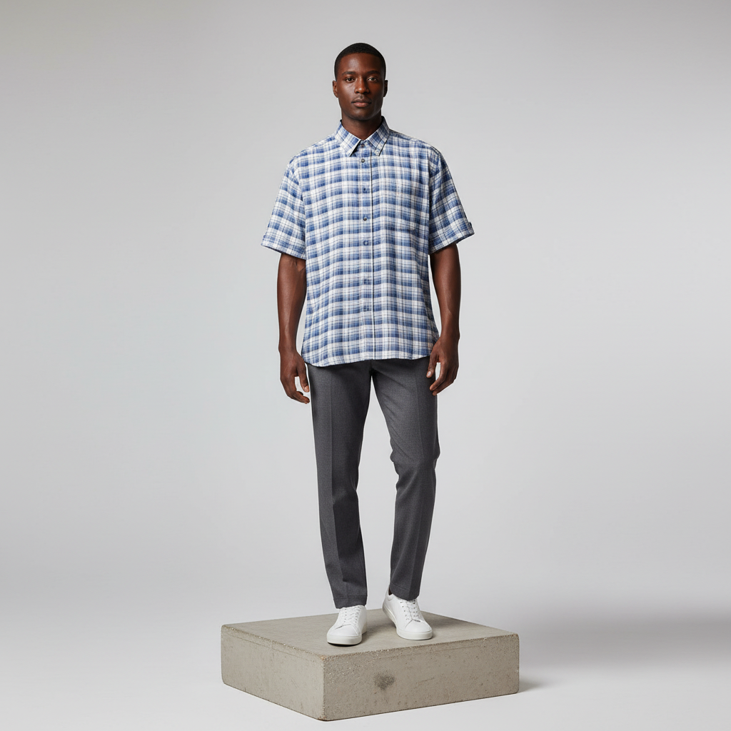 Blue White Madras Plaid Short-Sleeved Shirt - Model Shot