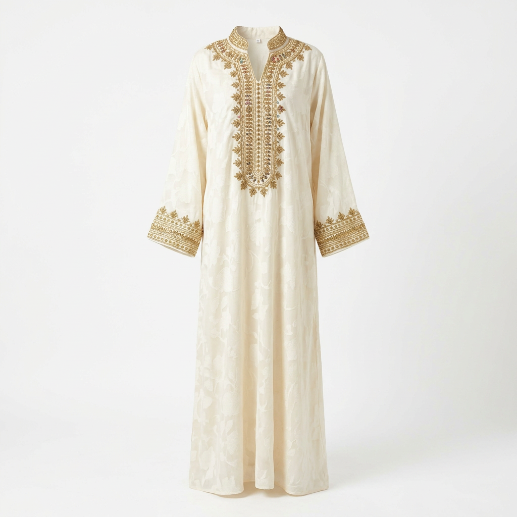 Ivory gold-embroidered abaya catalogue view