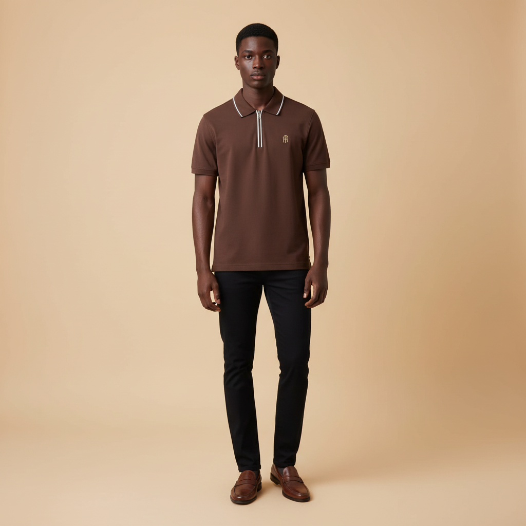 Chukmore Chocolate Brown Quarter-Zip Polo Shirt - Model Shot