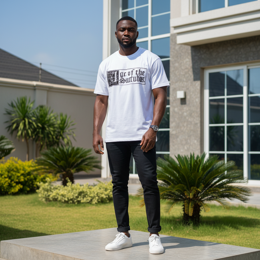Nigerian male model wearing men's white gothic text graphic short-sleeve tee full body streetwear editorial shot