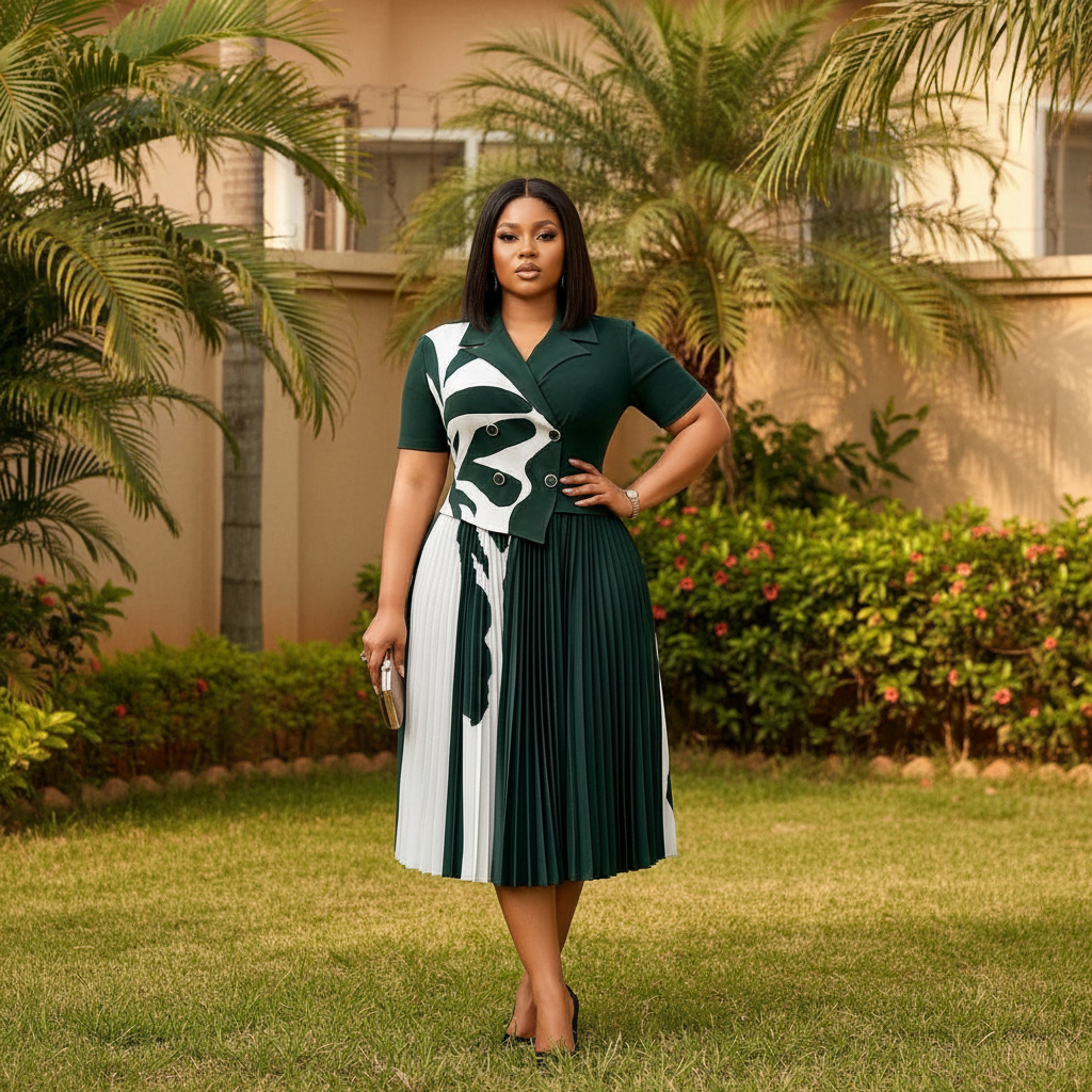 Women's Dark Green Abstract Print Pleated Midi Dress — Nigerian female model shot