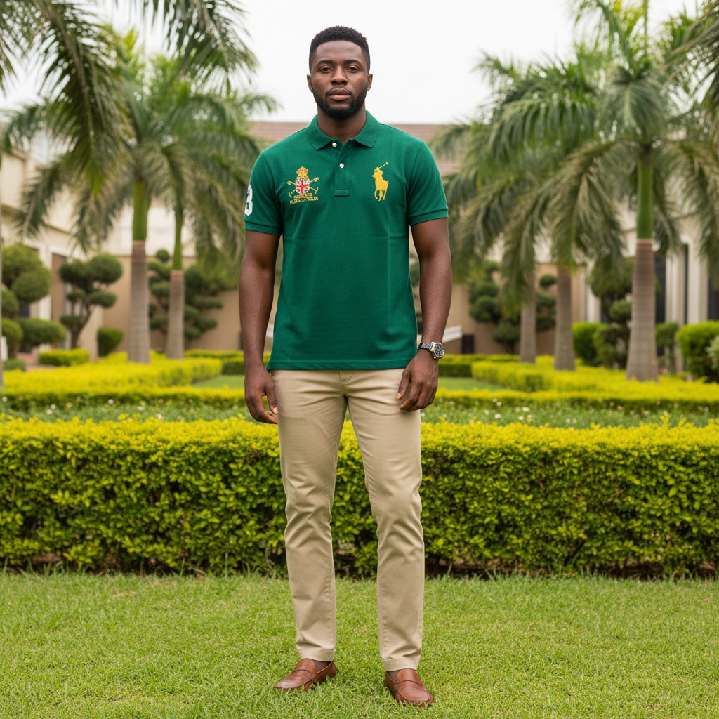 Nigerian male model wearing men's forest green big pony polo shirt with Union Jack crest badge, garden setting
