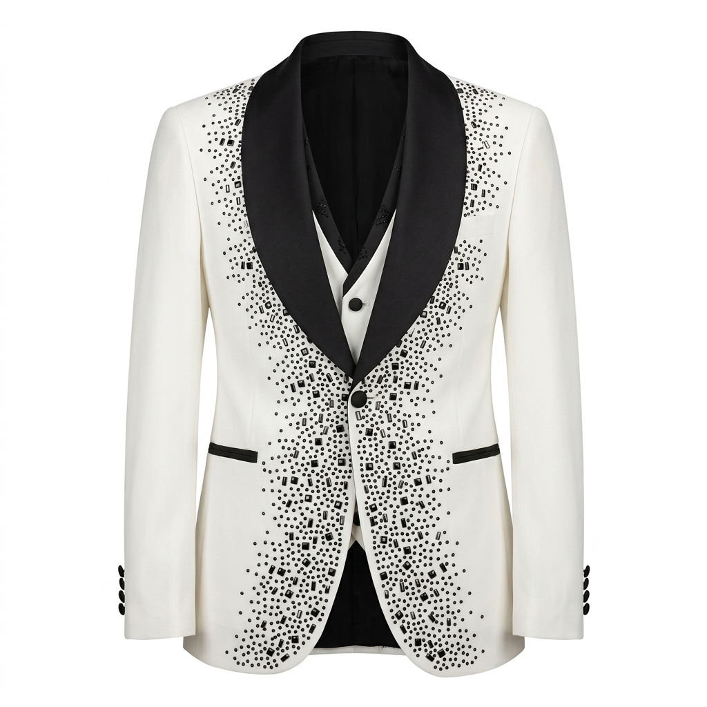 Ivory embellished formal jacket with black shawl lapels on an invisible mannequin