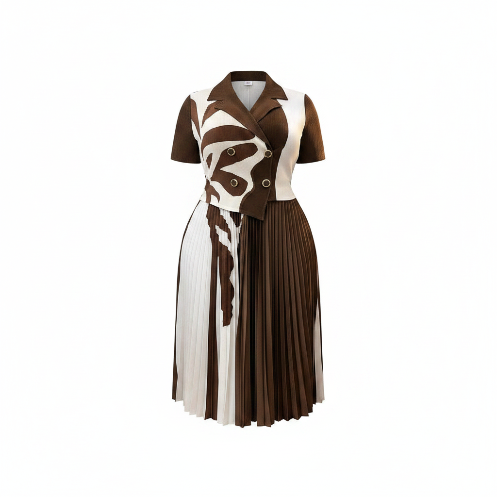 Ghost mannequin view of women's abstract print pleated midi two-piece set