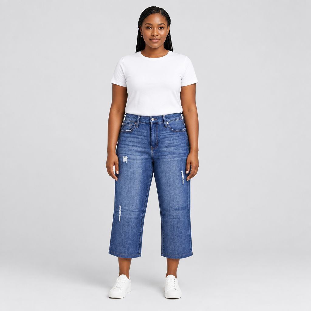 Black woman wearing mid-blue distressed jeans, front view