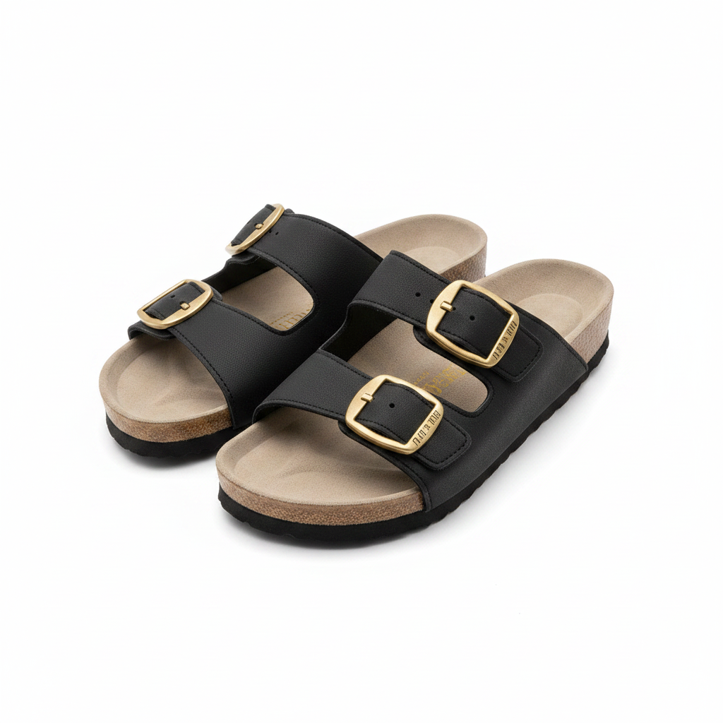 Women's Double-Buckle Flat Slide Sandal - Black Ghost Mannequin