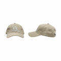 Light khaki beige dad cap with white AW monogram logo embroidery – ghost mannequin front and side view
