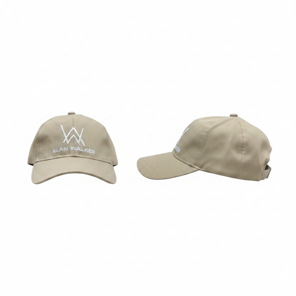 Light khaki beige dad cap with white AW monogram logo embroidery – ghost mannequin front and side view