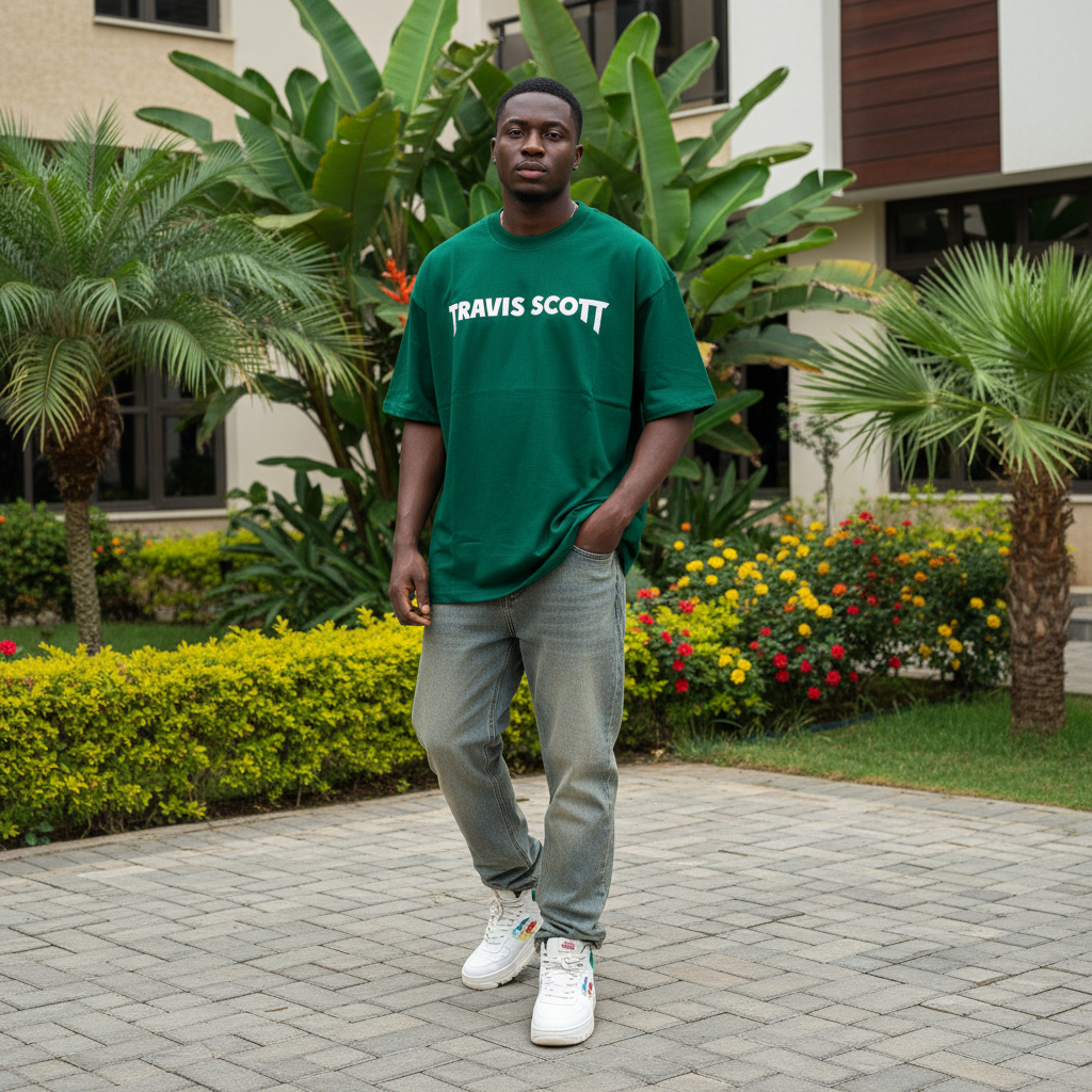 Nigerian male model wearing forest green bold text portrait graphic oversized tee – front view