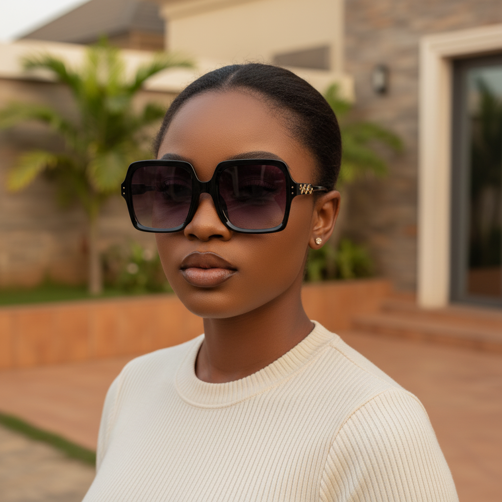 Women's Black Oversized Square Sunglasses – Nigerian Female Model Face Shot