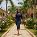 Women's Navy Blue Button-Side Bodycon Midi Dress – Nigerian Female Model Shot