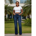Navy High-Waist Cargo Jeans - Nigerian Female Model Front View