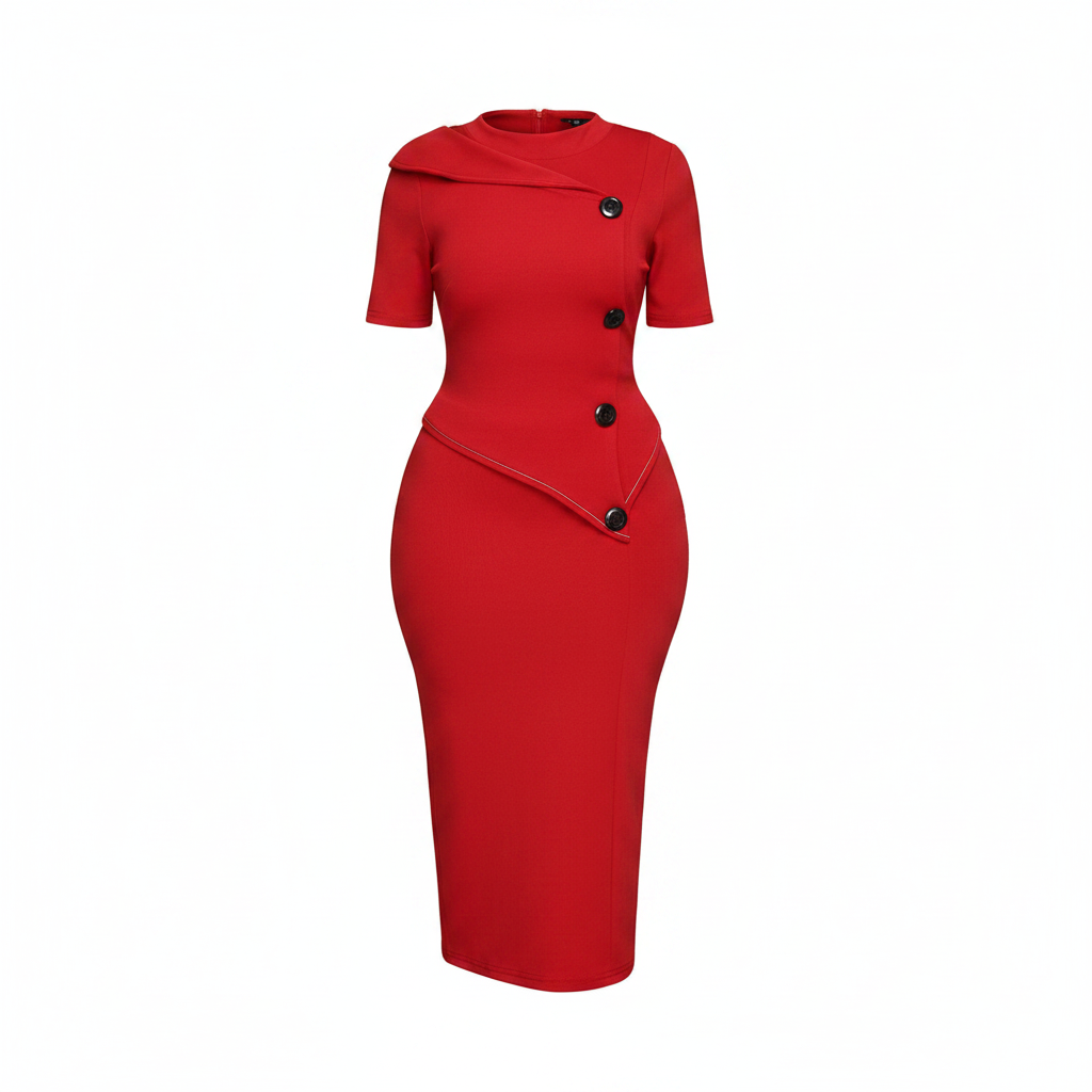 Red buttoned bodycon midi dress, ghost mannequin