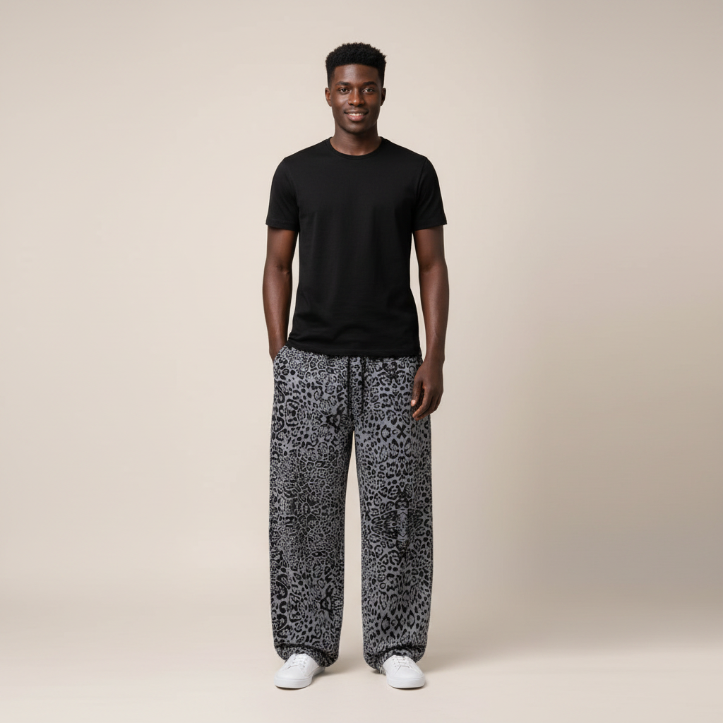 Model wearing grey leopard print baggy joggers with a black t-shirt