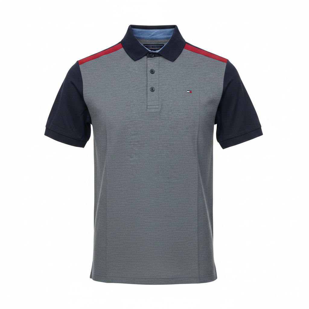 Men's grey and navy colour-block polo shirt with red shoulder accent, ghost mannequin front view