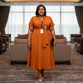 Nigerian woman wearing orange puff sleeve wrap midi dress in upscale setting
