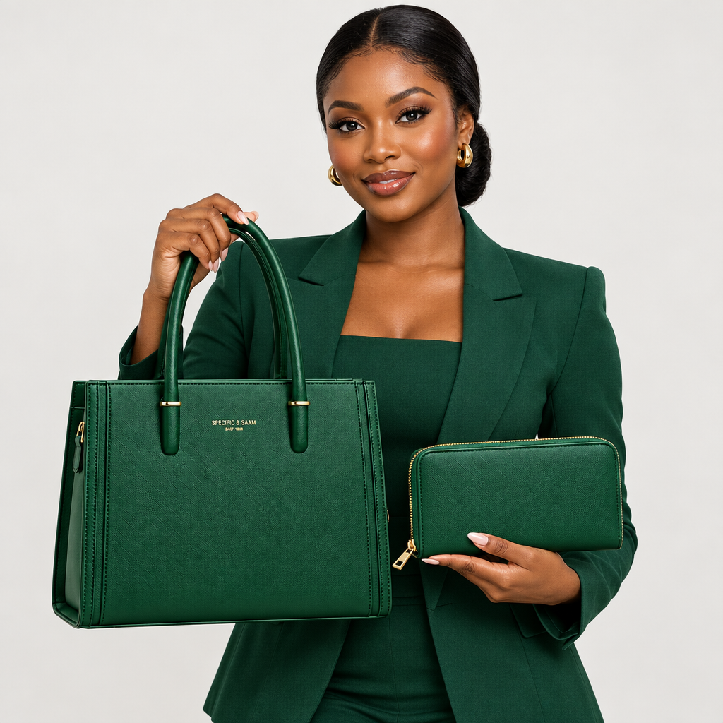 Nigerian woman holding forest green tote and matching purse on plain background