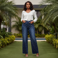 Navy Blue Allover Rhinestone Crystal Wide-Leg Jeans - Model Front View
