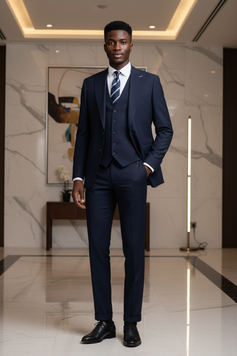 The Statesman Three-Piece Suit â€” Navy Model Shot