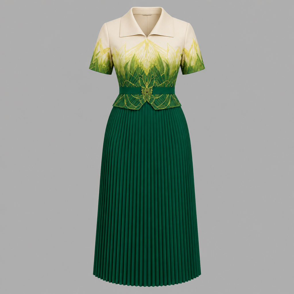Green ombre pleated gown on ghost mannequin