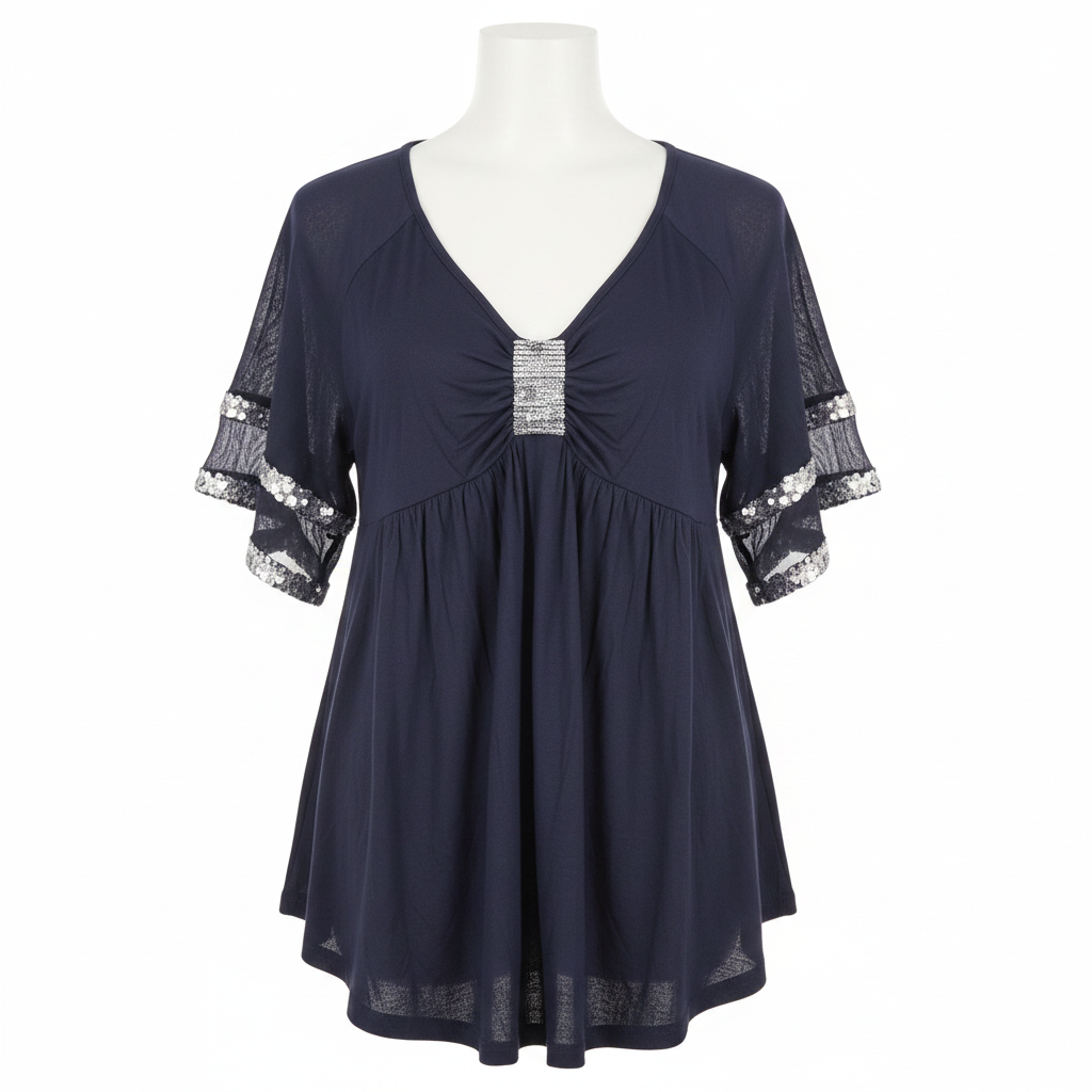 Ghost mannequin front view of Navy Blue Sequin Trim Babydoll Top