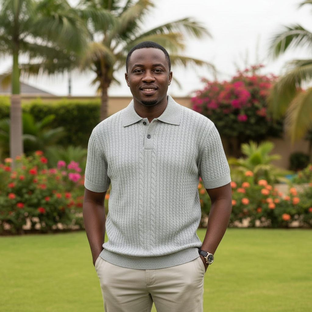 Cable Knit Polo Shirt – Nigerian male model front view