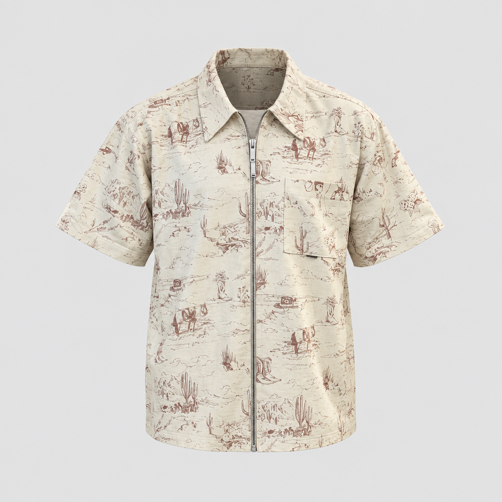 Men's cream line-art printed zip-front shirt ghost mannequin
