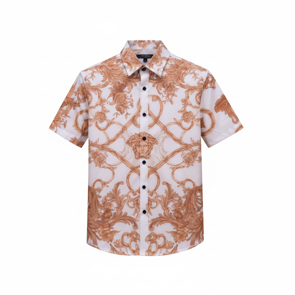 Men's white baroque scrollwork print short-sleeve shirt ghost mannequin front view