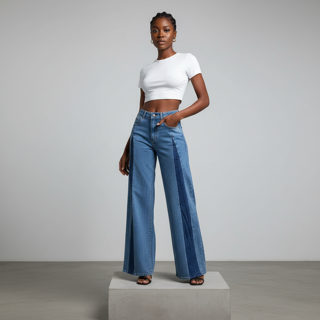 Light Blue Two-Tone Wide-Leg Jeans - Model Front