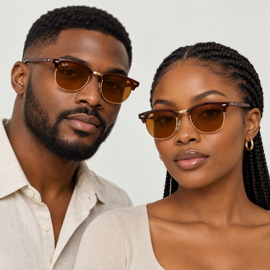 Man and woman wearing brown browline sunglasses with amber lenses without lens stickers
