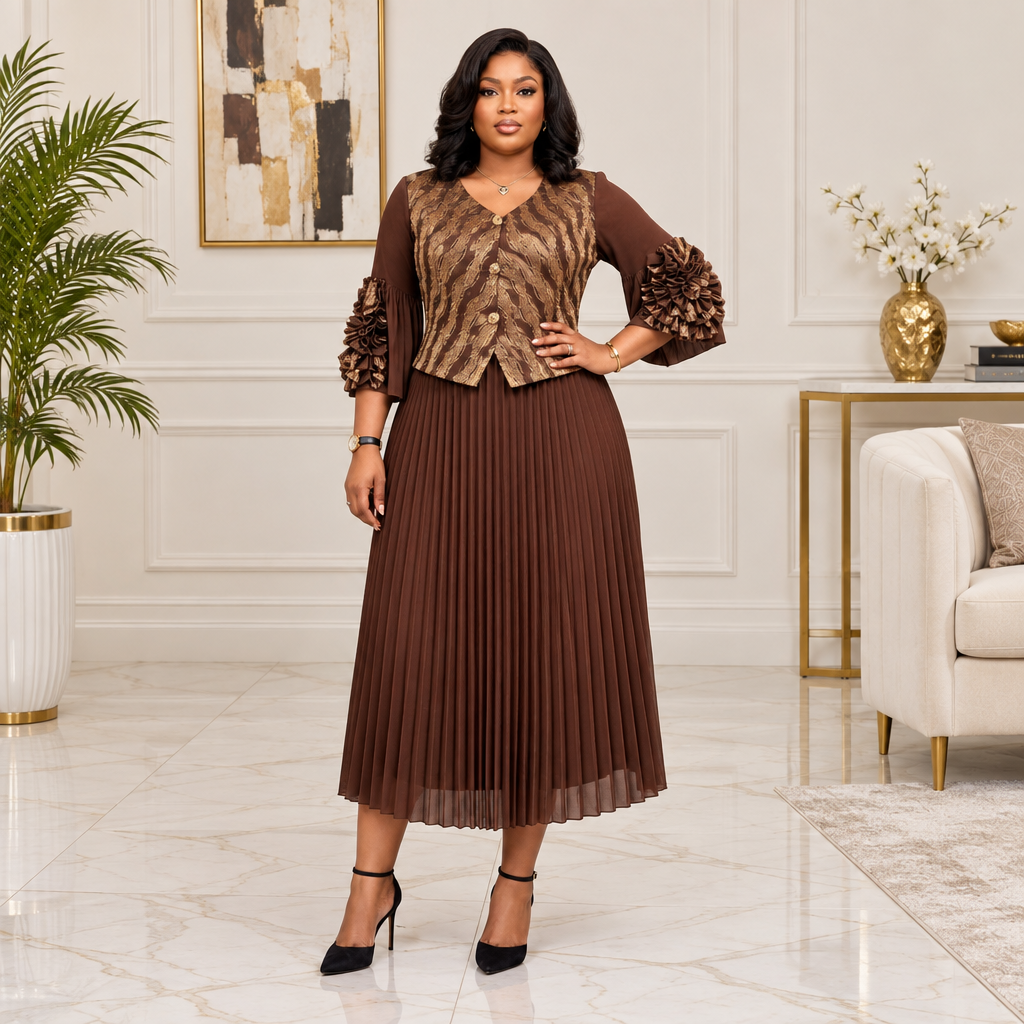 Adult Black woman wearing a brown gold patterned pleated dress