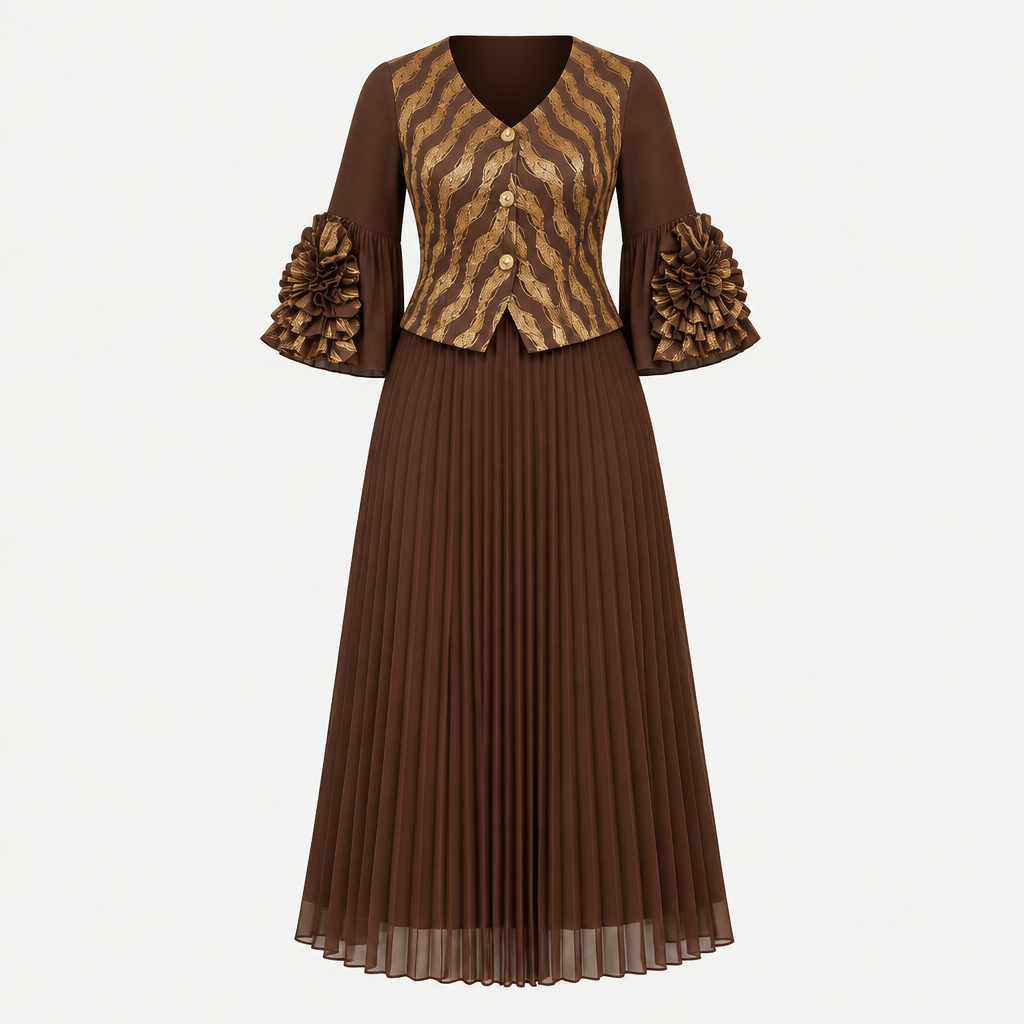 Chocolate brown gold patterned pleated dress on invisible mannequin