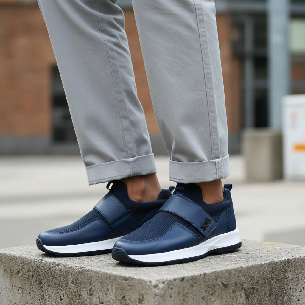 Model wearing navy blue leather and ribbed knit wide velcro-strap slip-on sneakers leg shot