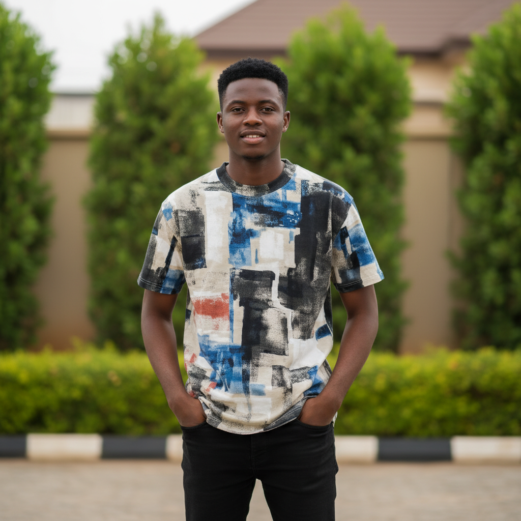 Nigerian male model wearing men's white abstract brushstroke print shirt