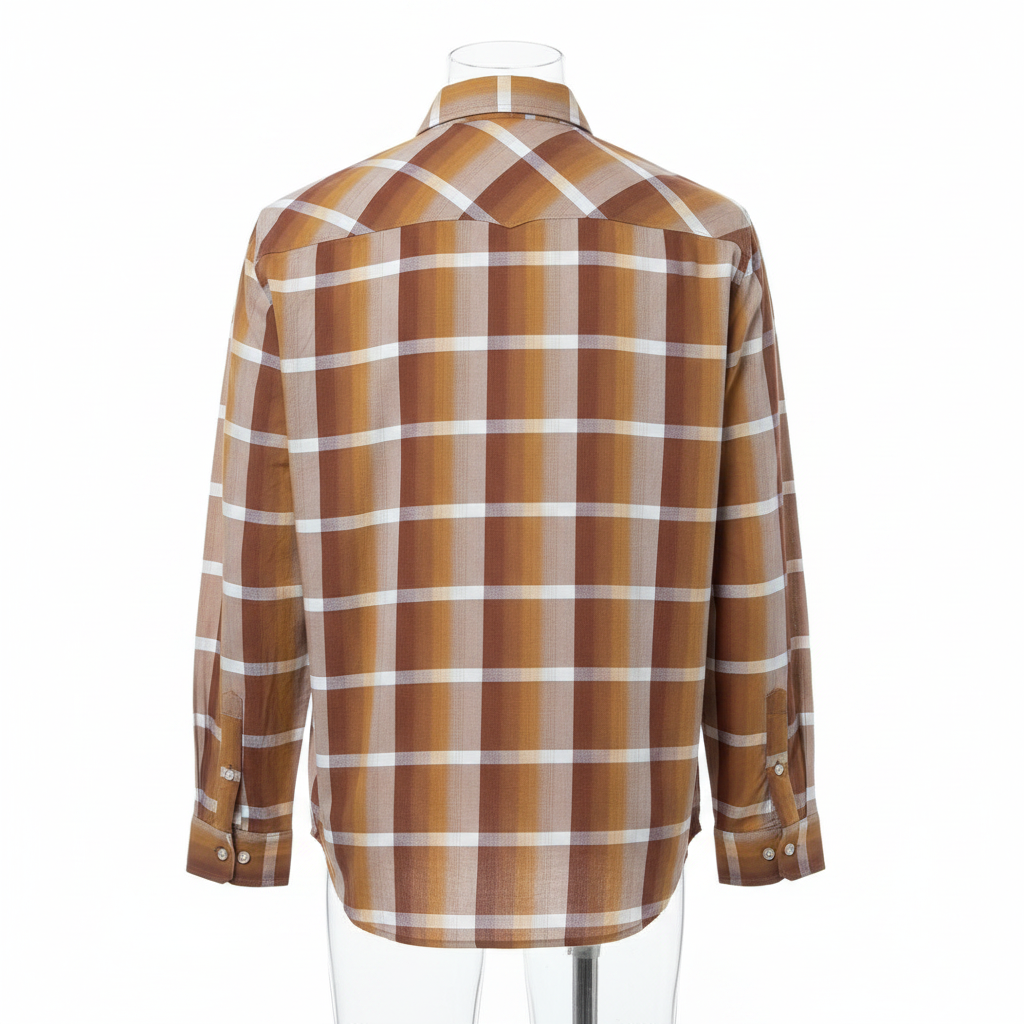 Brown white plaid long-sleeved shirt ghost mannequin back view