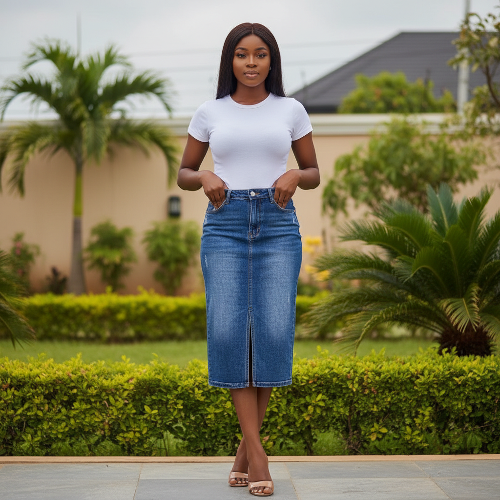 Model Shot – Distressed Blue Denim Midi Skirt
