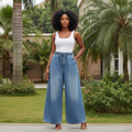 Light Blue Drawstring Wide-Leg Jeans - Nigerian Female Model Front View