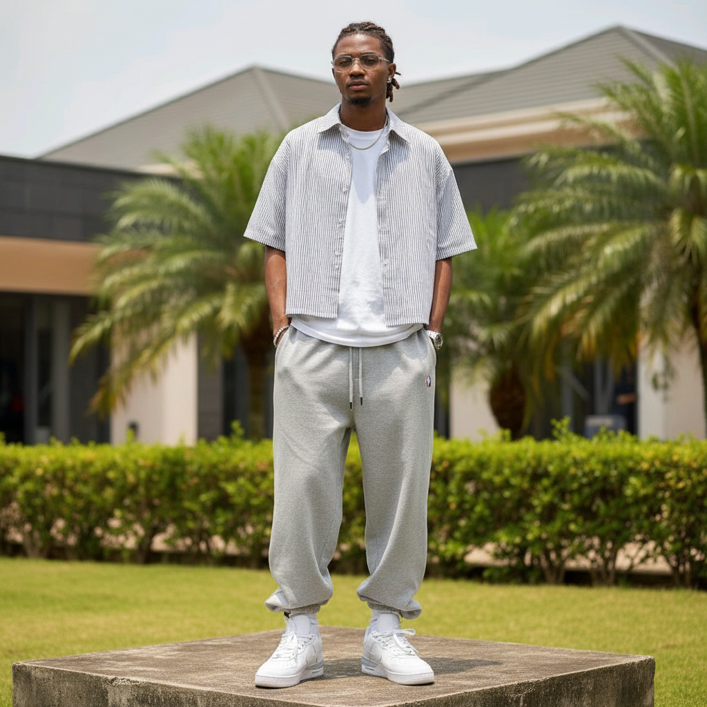 Nigerian male model full body wearing men's white navy pinstripe boxy short-sleeve shirt open over white tee