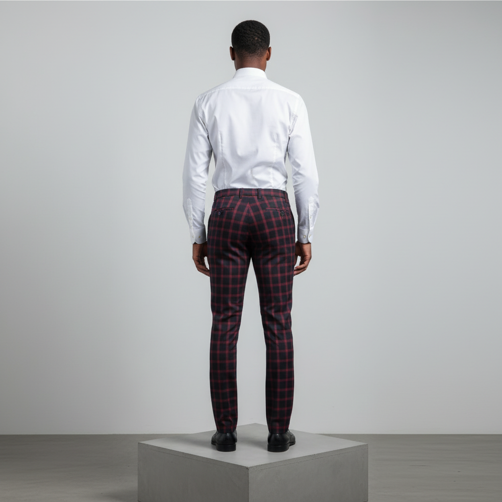 Black Burgundy Windowpane Trousers – Back Model